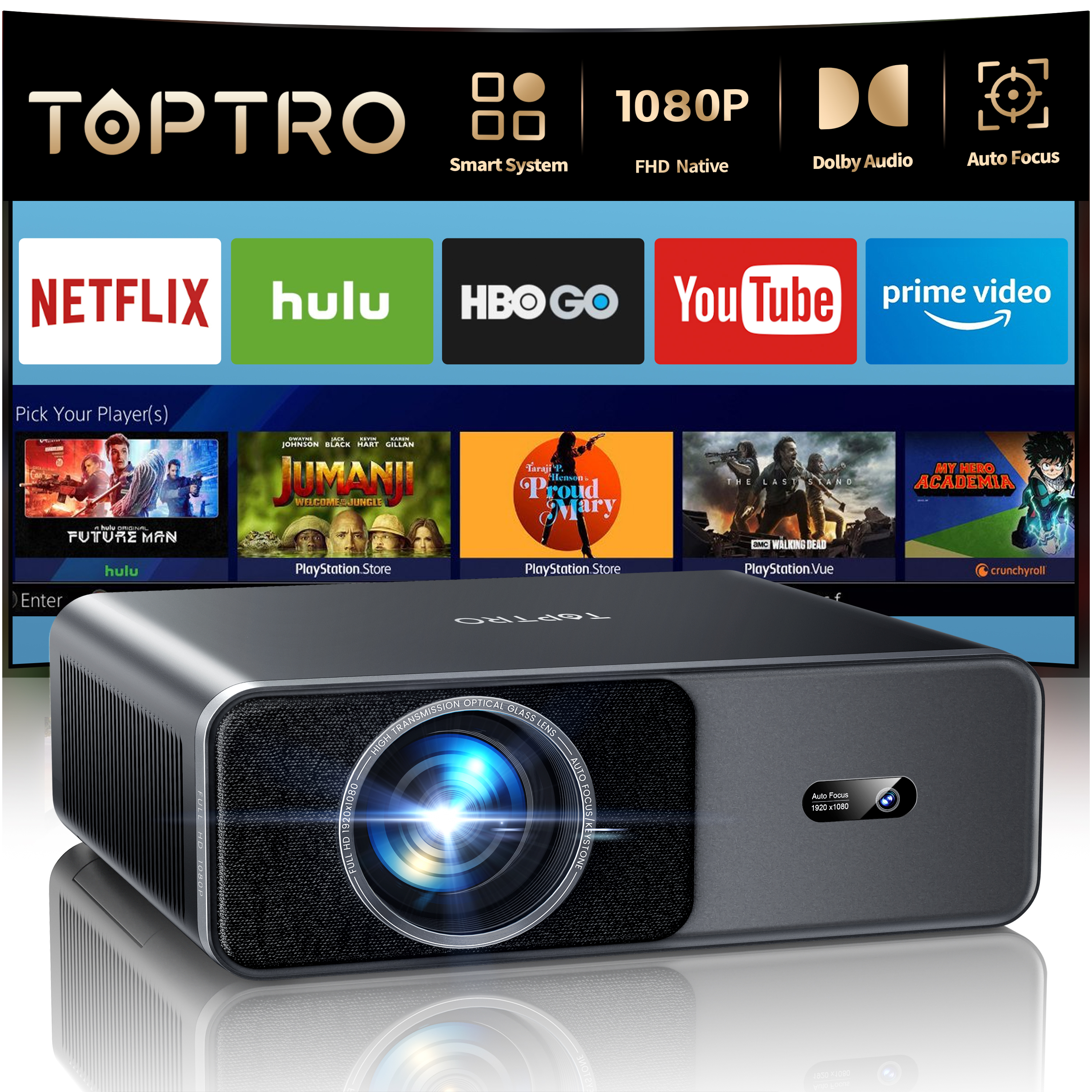 Home Cinema Focal - TOPTRO 4K Projector 1000ANSI Auto Focus/Keystone